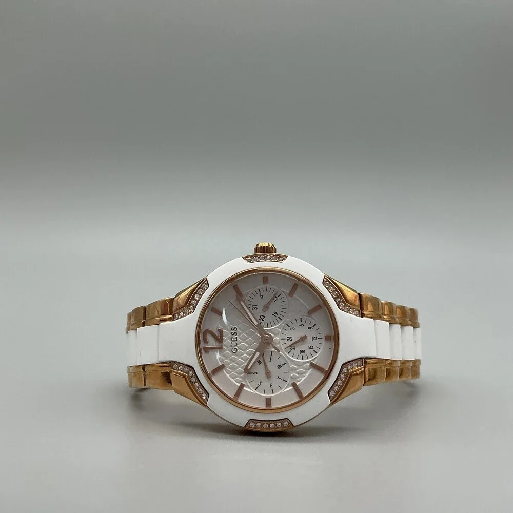 Guess U0556L3 Women Watch 36mm Crystals Rose Gold Tone Day Date New Battery 7.5